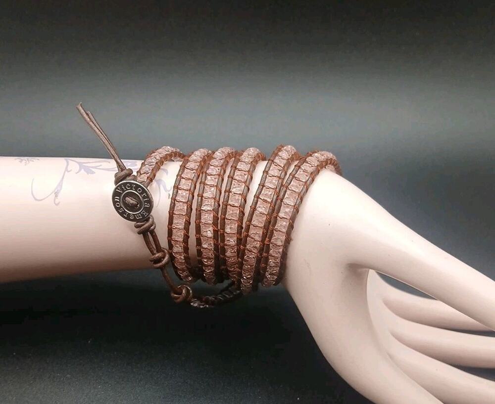 Victoria Emerson Wrap Bracelet Pink Crystal Brown Leather
